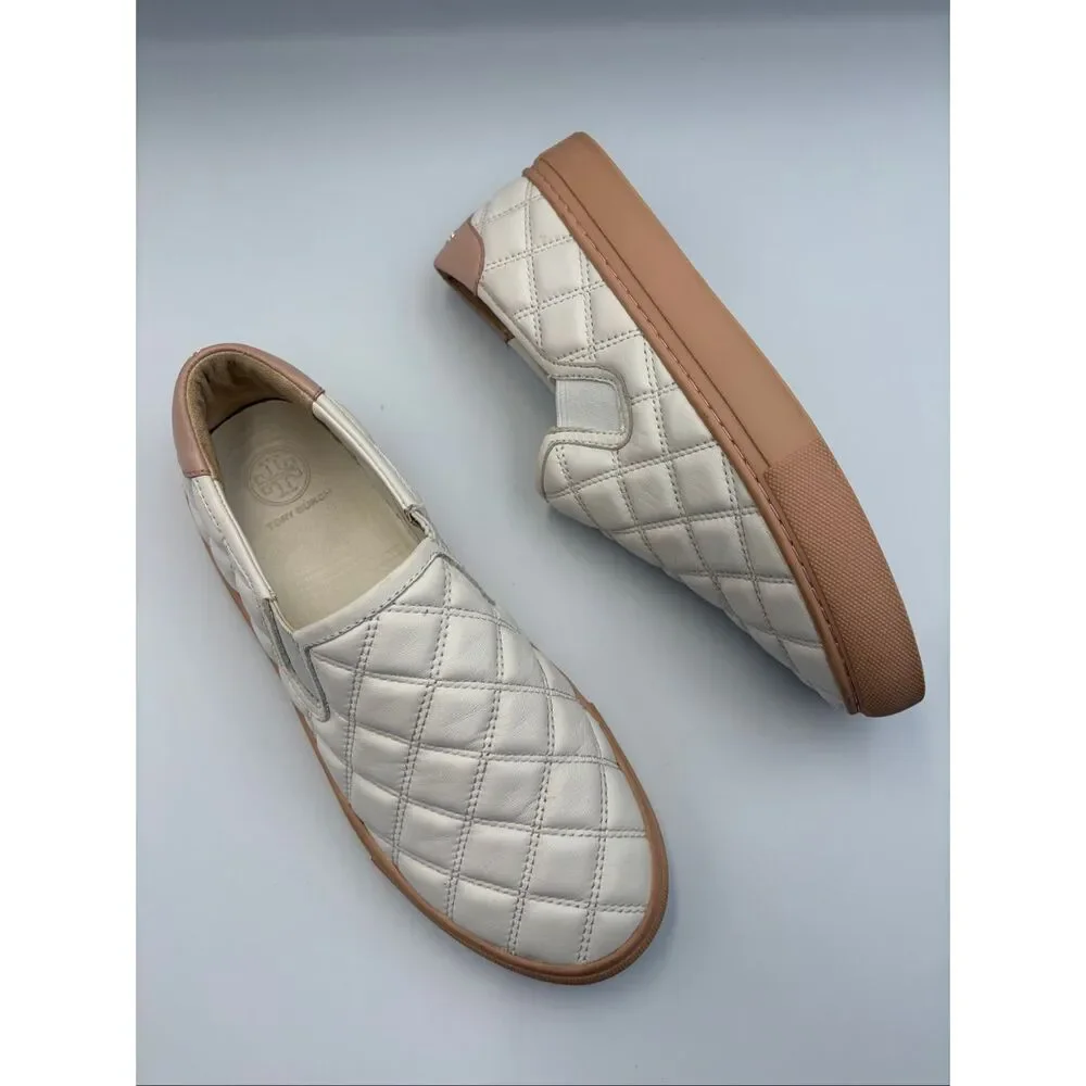 Tory Burch Willa Quilted Leather Slip On Sneakers Ivory Blush Size 7